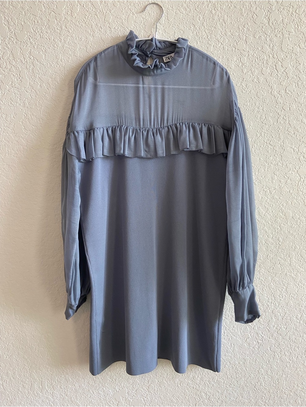 Zara Dusty Blue Ruffle-Yoke Midi Dress